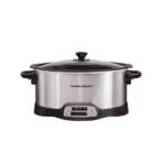 Silver Hamilton Beach slow cooker on a white background.