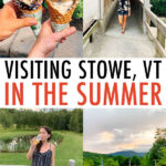 Collage of photos from Stowe Vermont including breweries, a resort pool, a covered bridge, and Ben & Jerry's ice cream cones.