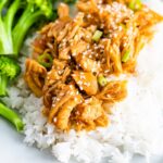 Plate with broccoli, rice, and shredded teriyaki chicken topped with green onions.