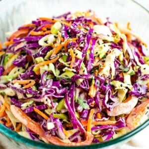 Bowl of asian slaw made with purple cabbage, scallions, peppers and carrots.