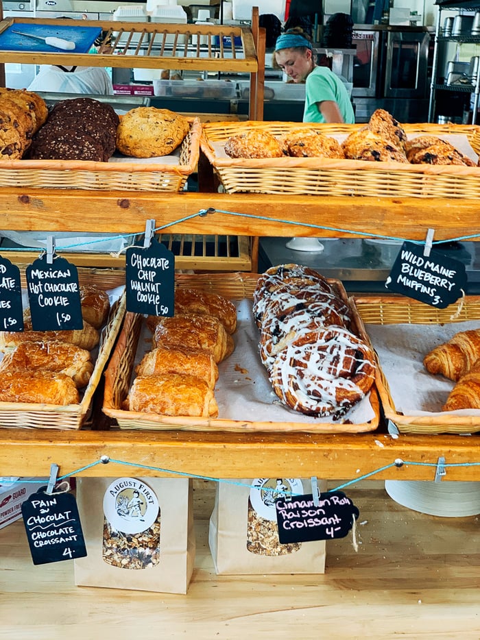 Bakery items in a case.