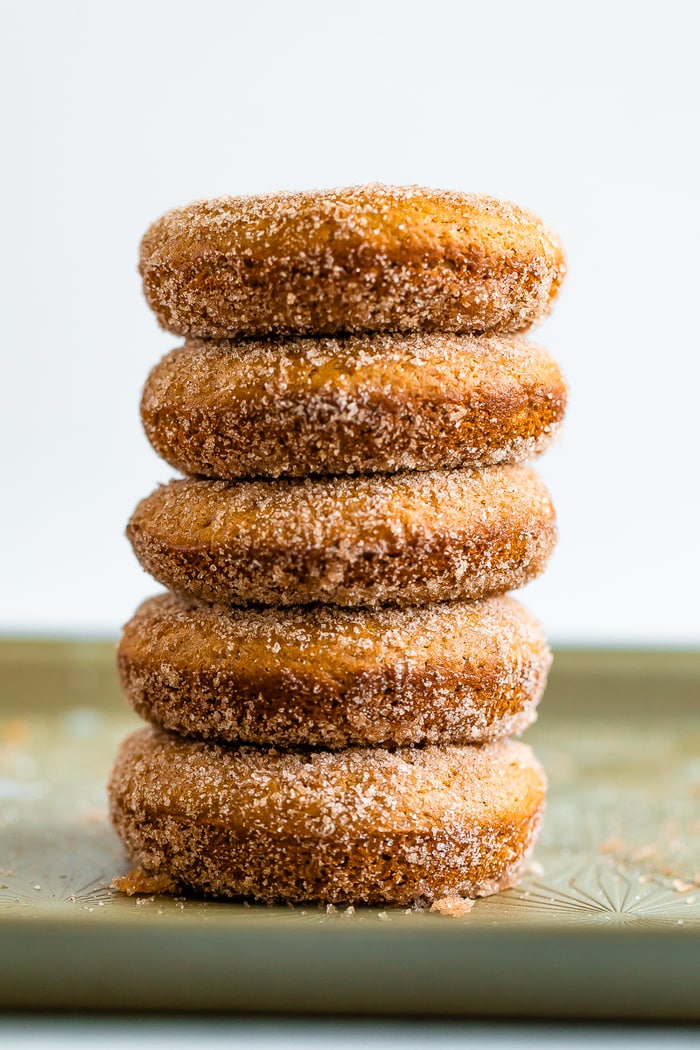 Stack of apple cider donuts.