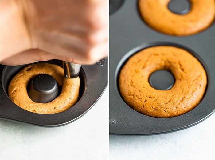 Side by side photos of piping donut batter into a donut baking pan, and the baked donut in the pan.