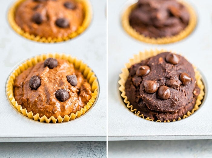 Side by side photo of muffin batter in a muffin lover, and a baked chocolate protein muffin on the right.