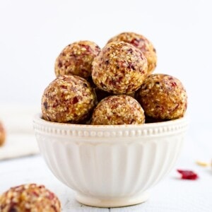 Bowl of cranberry energy bites.