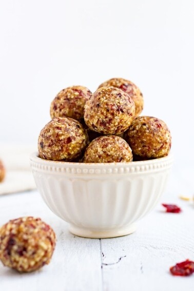 Bowl of cranberry energy bites.