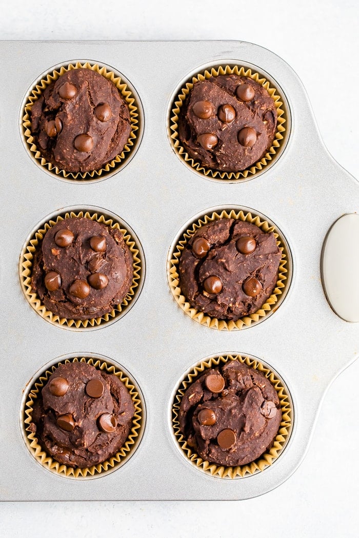 Double chocolate protein muffins in a muffin tin topped with chocolate chips.