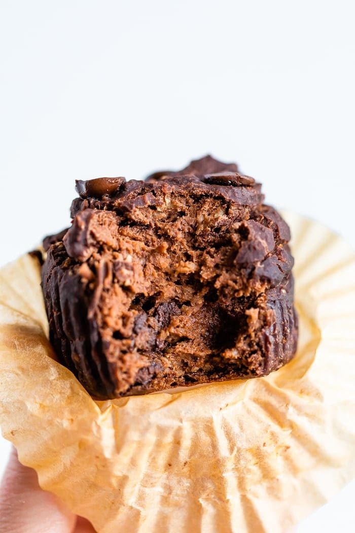 Double chocolate protein muffin with a bite taken out of it.