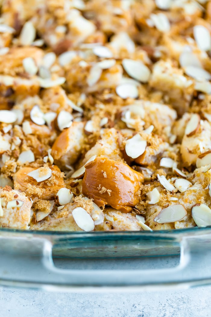 French toast bake topped with brown sugar and almonds.