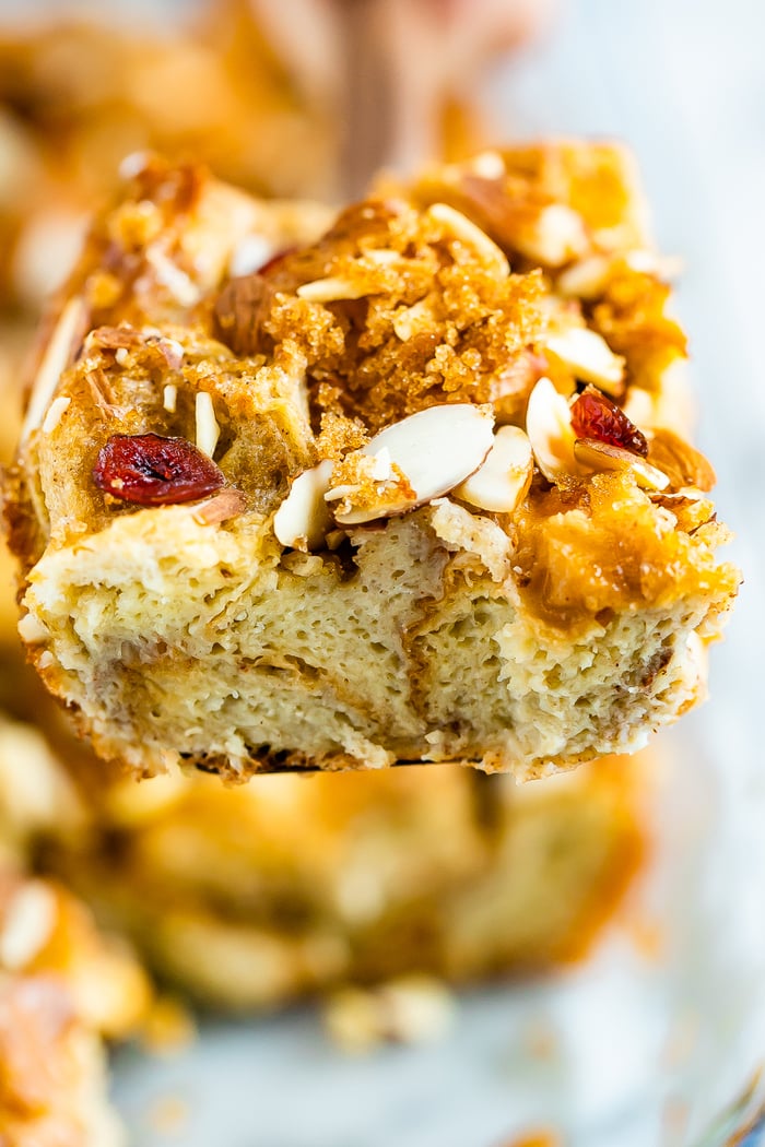 Close up of a slice of french toast bake.