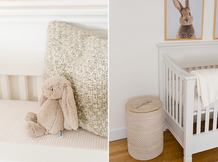 Bunny stuffed animal in crib + bunny print over crib. 