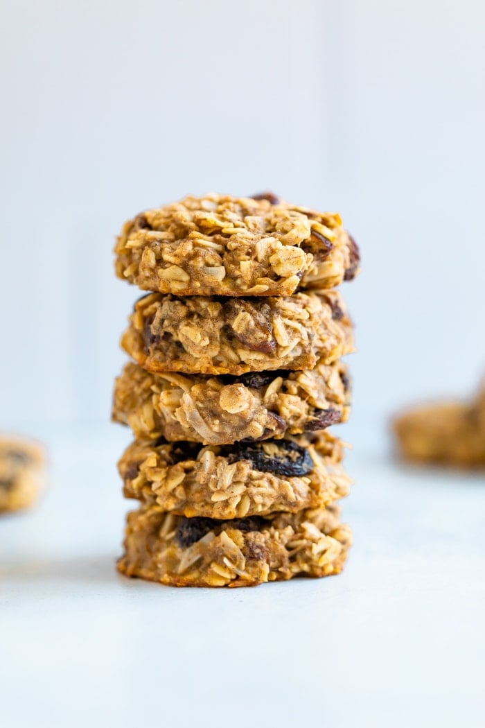 Stack of five cinnamon raisin protein cookies.