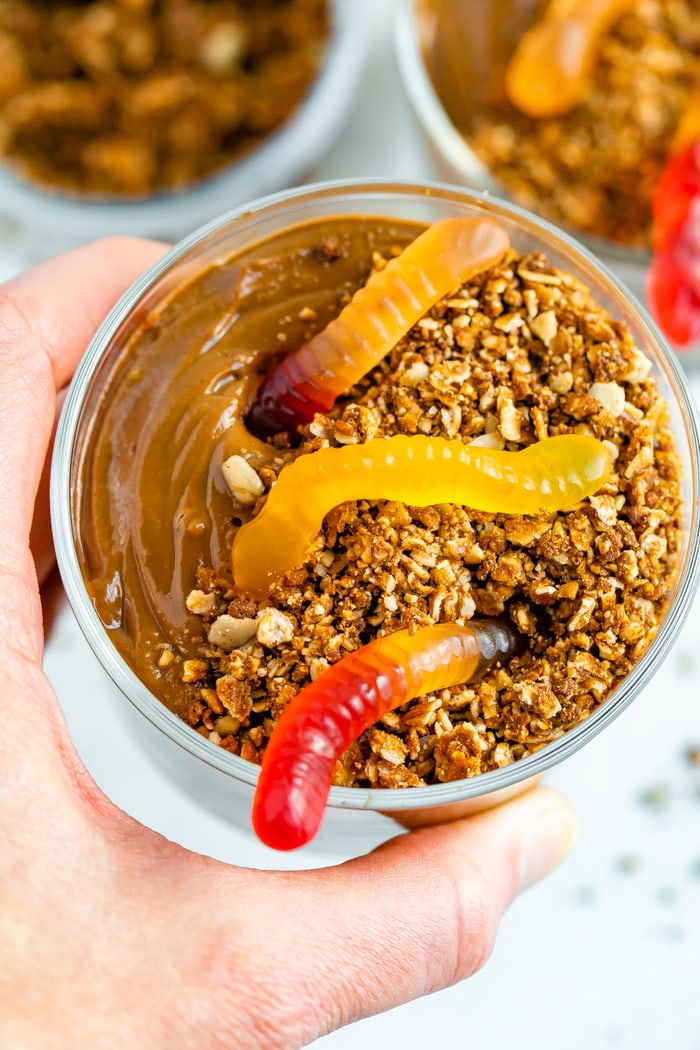 Hand holding a chocolate pudding dirt cup topped with granola and gummy worms.