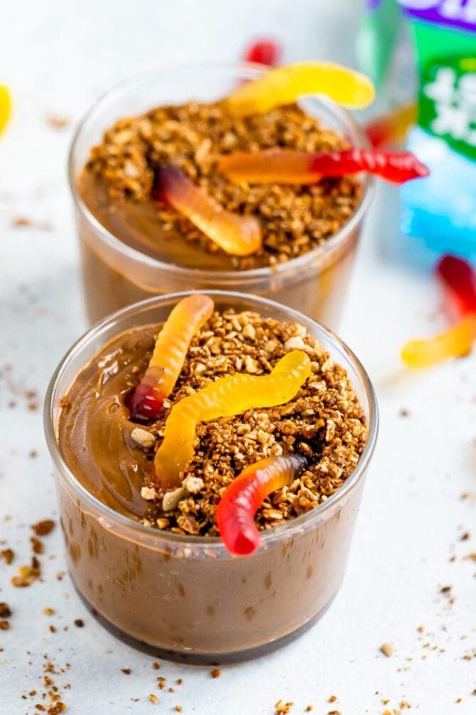 Dirt cups with gummy worms.
