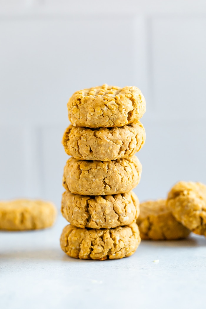 Stack of peanut butter protein cookies.