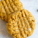 Stack of peanut butter protein cookies.