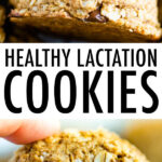Chocolate chip lactation cookies held and in a stack.
