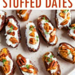 Plate with stuffed dates filled with goat cheese, pecans, and thyme.