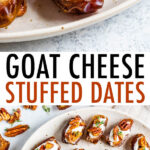 Goat cheese stuffed dates topped with chopped pecans and thyme.