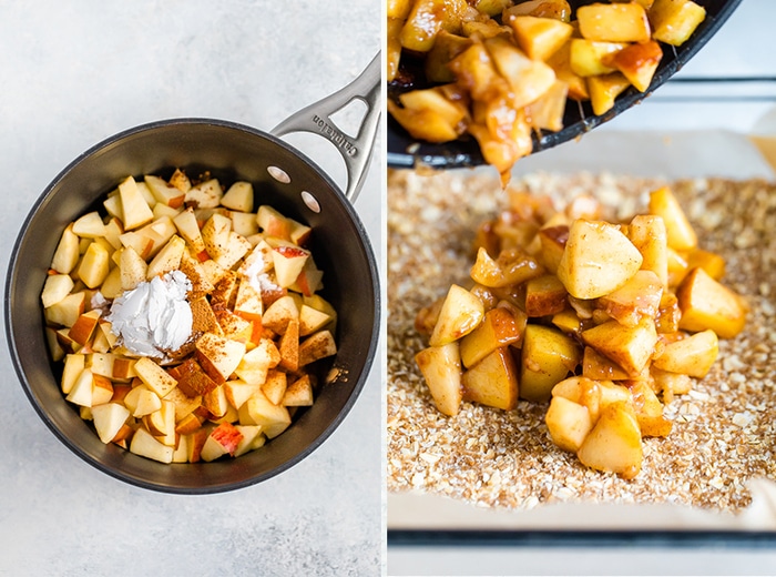 A picture of a pot with chopped apples and cinnamon to make an apple filling. Second photo is of the cooked apples being poured onto a crust in a glass baking dish.