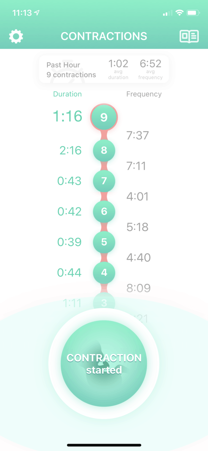 Contractions app showing the timing for contractions.