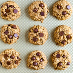 Baking sheet with chocolate chip lactation cookies.