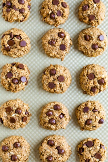 Baking sheet with chocolate chip lactation cookies.