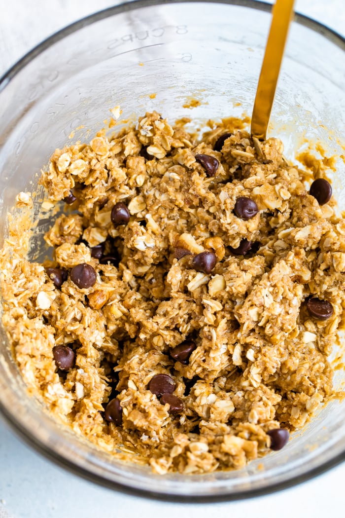 Mixing bowl with chocolate chip lactation cookie dough.