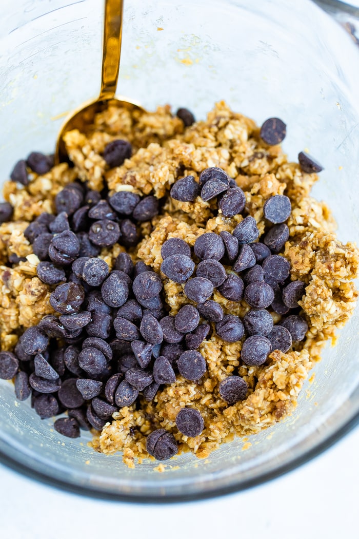 Mixing bowl with mixture for chocolate chip no bake lactation bites.