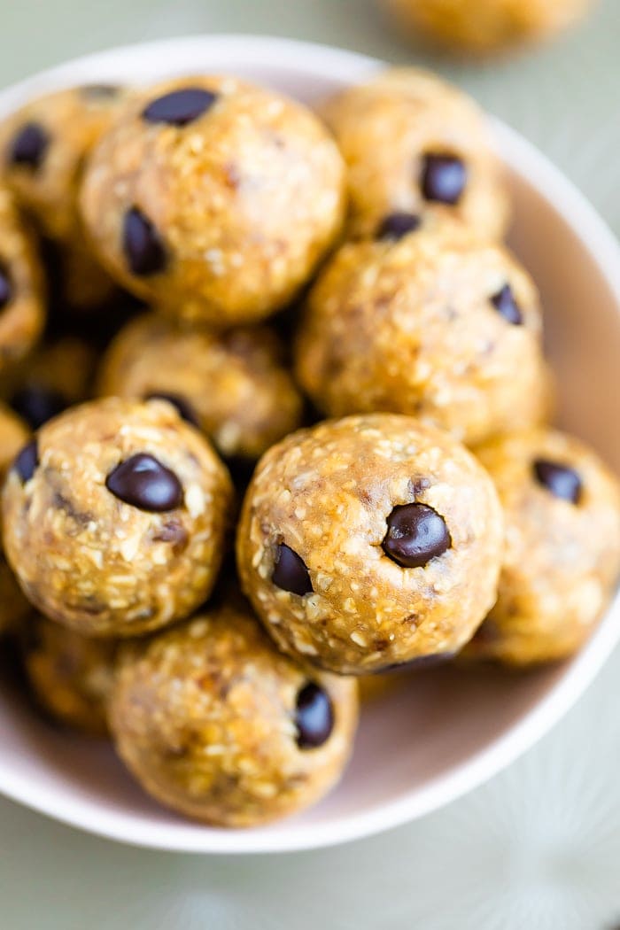 Bowl of chocolate chip lactation bites.