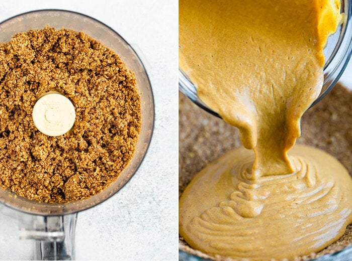 Image of crust for the vegan pumpkin pie in a food processor, image of blender pouring the pumpkin pie mixture into the pie pan and crust.