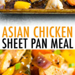 Asian chicken sheet pan meal. Asian chicken and veggies served over rice.