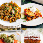 Photos of healthy comfort food including mac and cheese, enchilada casserole, lentil loaf, and avocado mint chip ice cream.