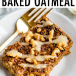 Slice of gingerbread baked oatmeal with a drizzle of frosting.