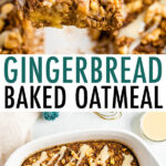 Gingerbread baked oatmeal in a dish and served on a plate with frosting.