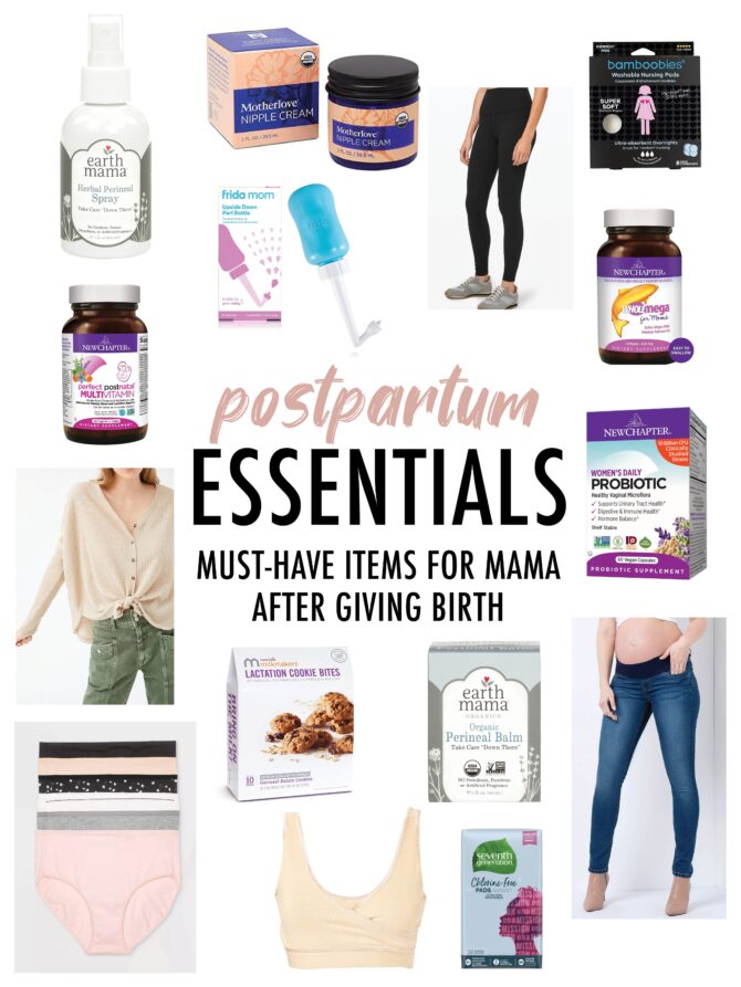 Collage of postpartum essential items.