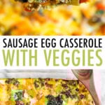 Wood spatula lifting up a slice of egg, chicken sausage, and veggie casserole. Casserole dish with the egg and sausage bake.