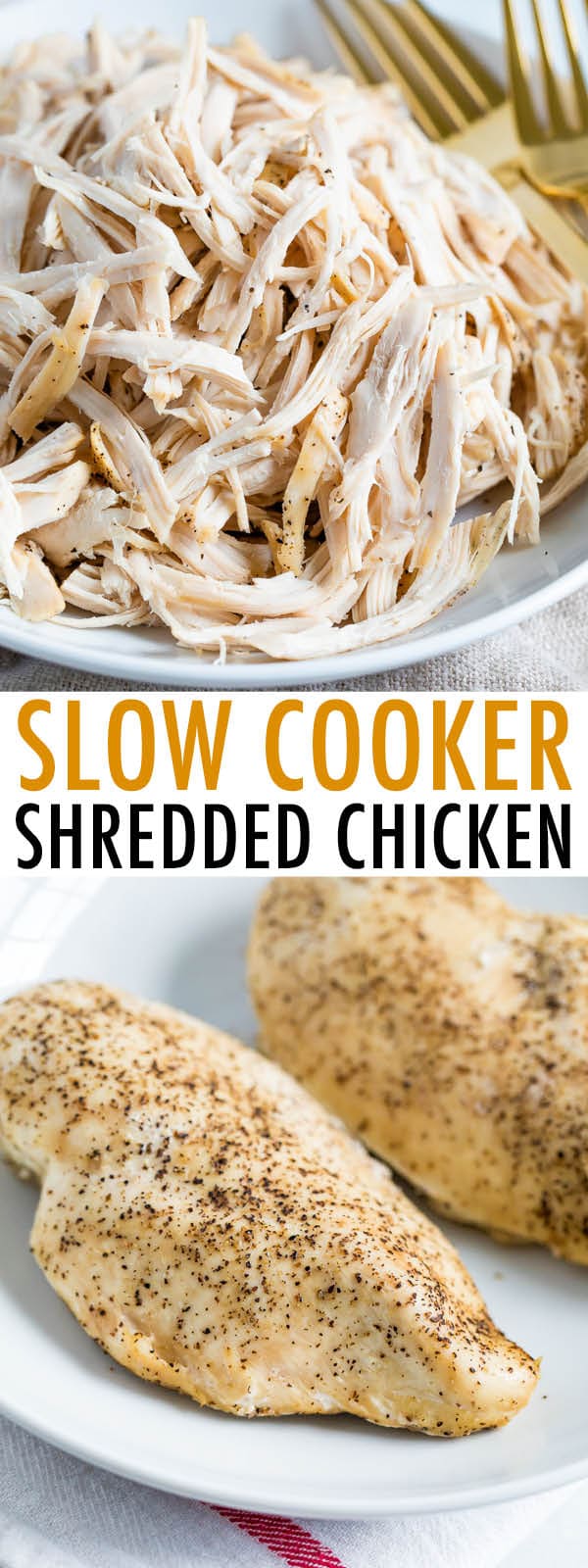 Plate with shredded chicken, and a plate with slow cooker cooked chicken breasts.