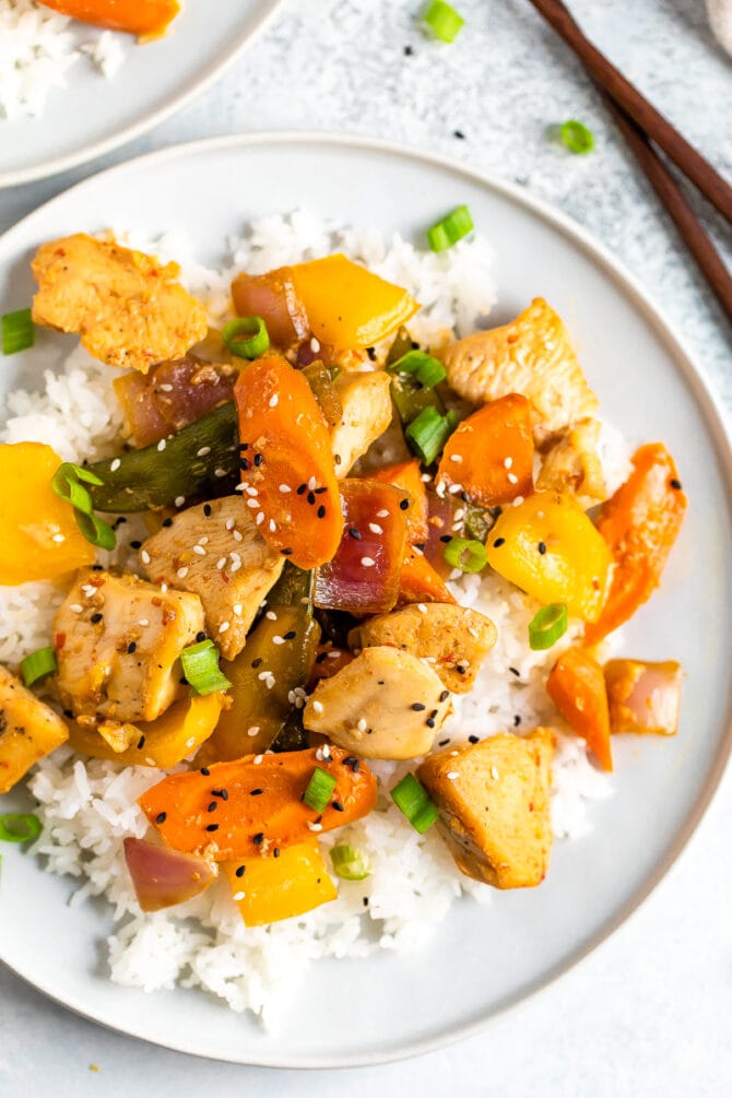 Asian chicken and veggies served over rice.