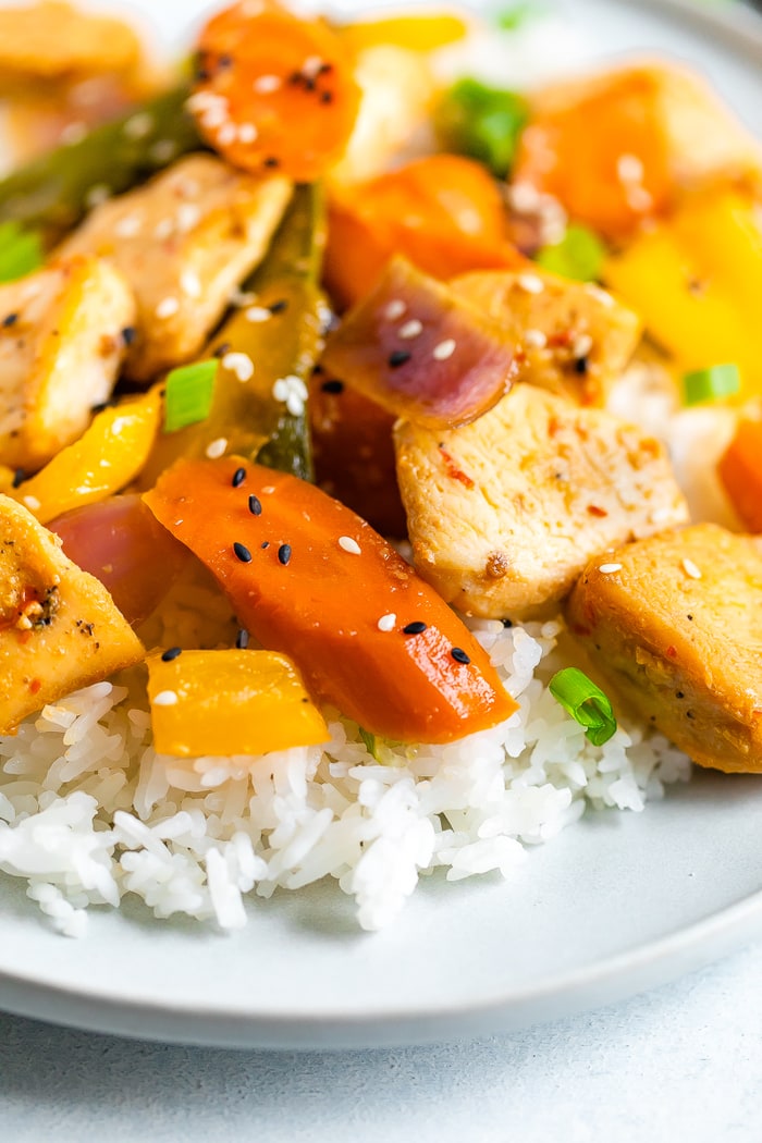 Asian chicken and veggies served over rice.