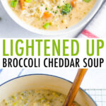 Bowl of broccoli cheddar soup and a dutch oven with broccoli cheddar soup.