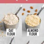 Photos of healthy flour alternatives in measuring cups with labels underneath of the type of flour that they are.