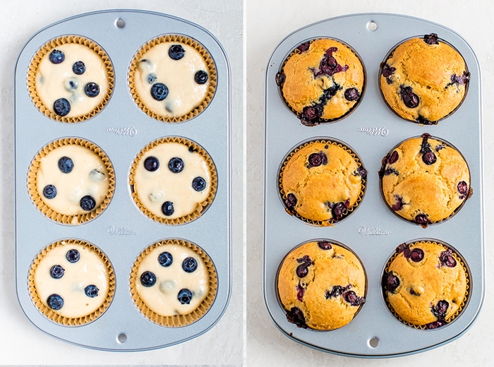 Two photos of a muffin tin. One is with blueberry muffins before they are baked, and the second photo is of the baked muffins.