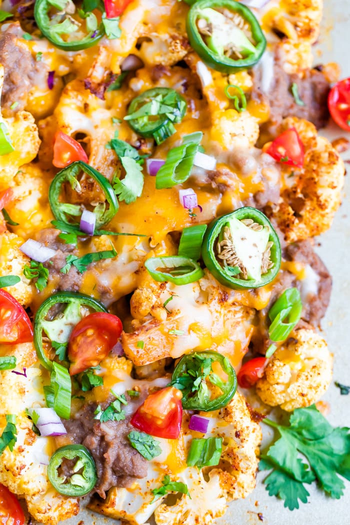 Cheesy baked cauliflower nachos.