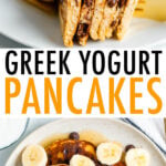 Stack of Greek yogurt pancakes with chocolate chips.