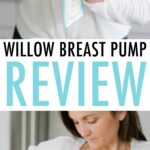 Two photos of a woman putting on a Willow breast pump, and a photo of her filling up a bottle with breast milk from the pump.