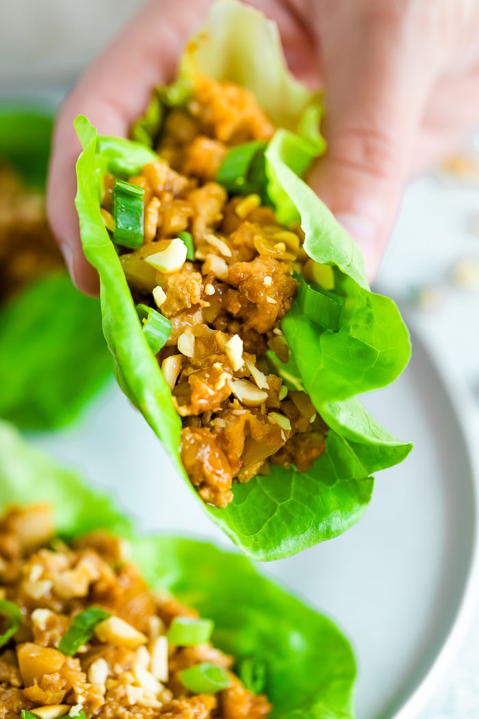 Hand holding a chicken lettuce wrap.