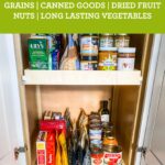 Pantry stocked with healthy canned goods, vegetables and grains.