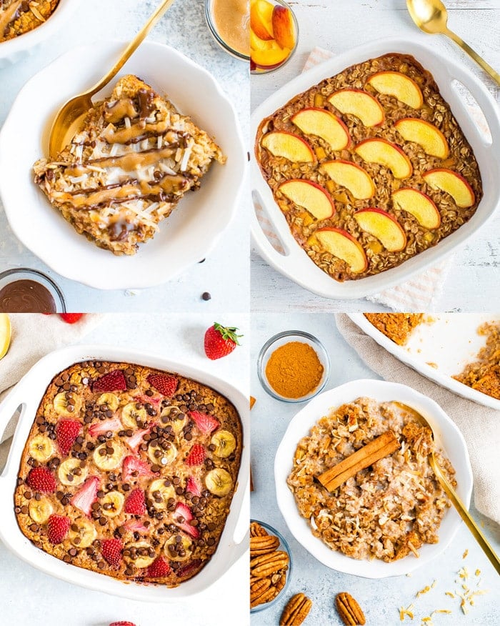 Grid of four examples of oatmeal bakes, samoa in upper left, peach in upper right, pecan cinnamon in bottom right, strawberry banana chocolate chips in bottom left.