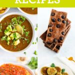 Collage of photos of pantry recipes like black bean soup, protein bars, pasta and baked falafel.